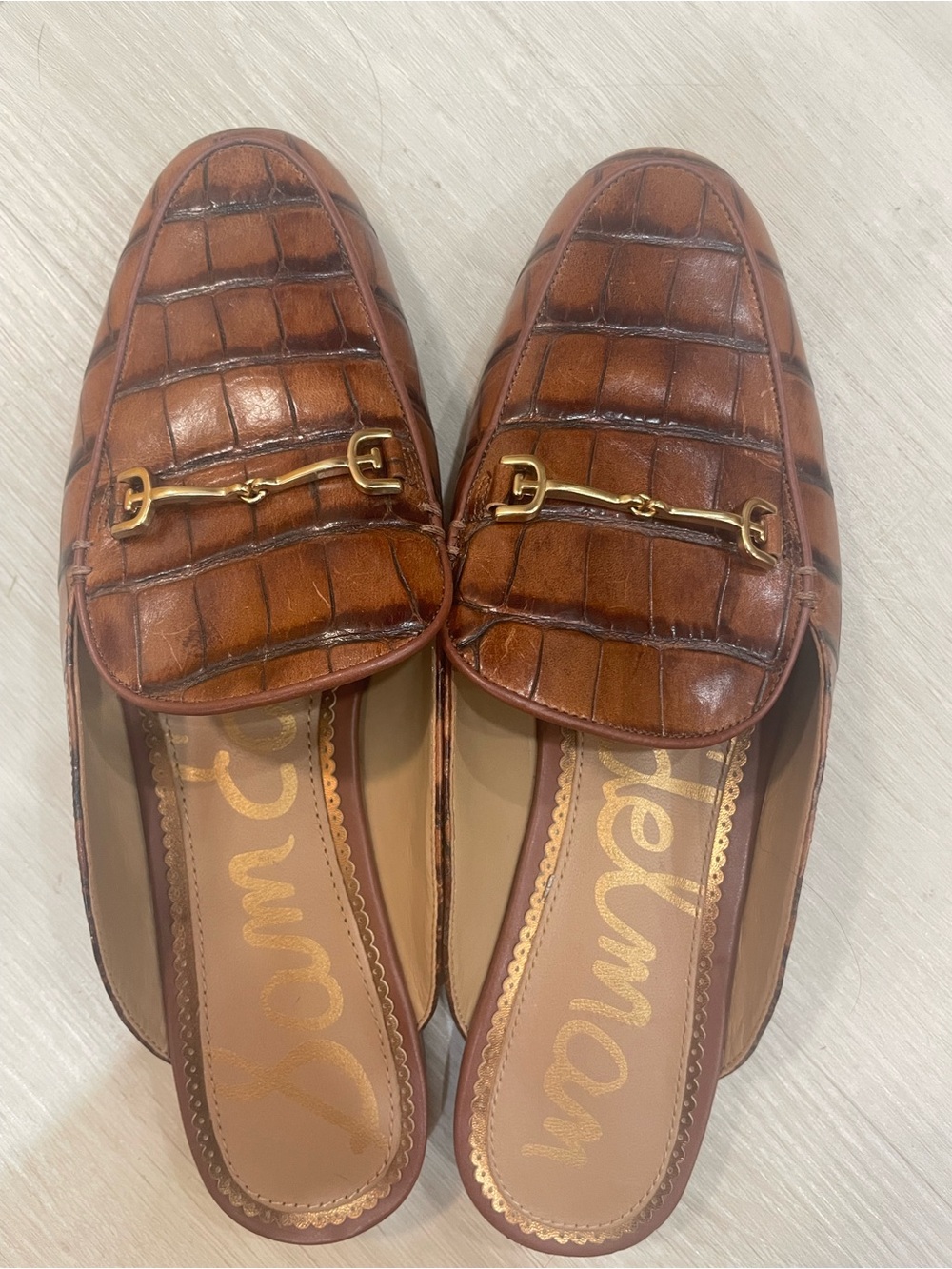 Sam Edelman Brown Croc-Embossed Leather Slip-On Mules with Gold Horsebit